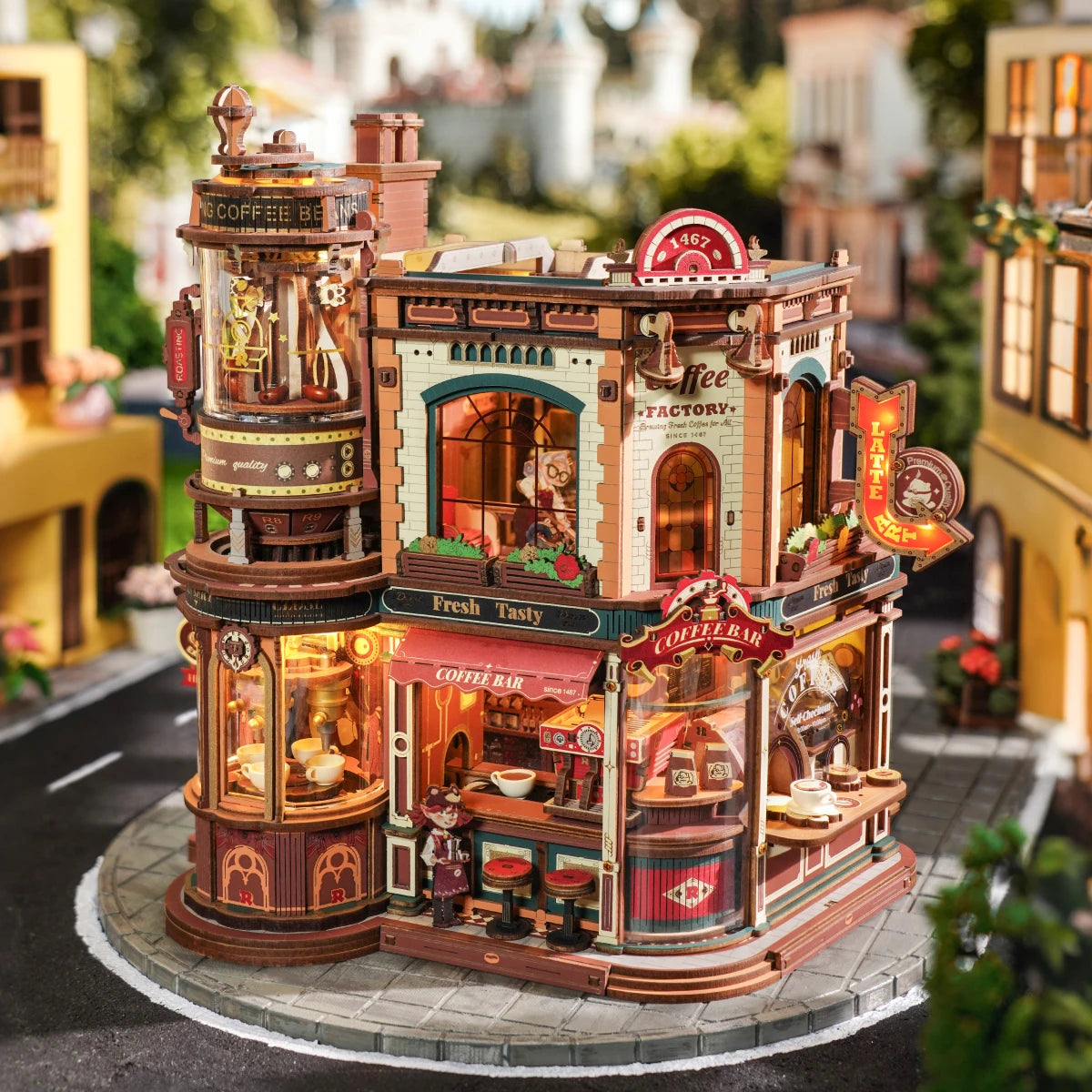 Dream Coffee Factory au coin d'une rue miniature, lumière de jour