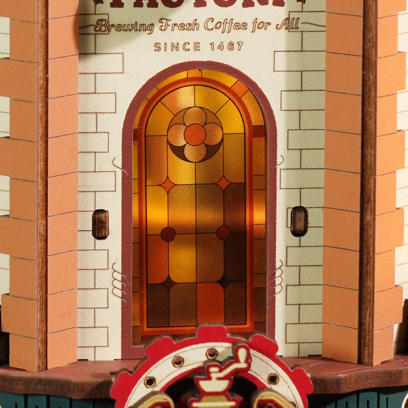 Porte à vitrail façon émail et enseigne gravée du Dream Coffee Factory