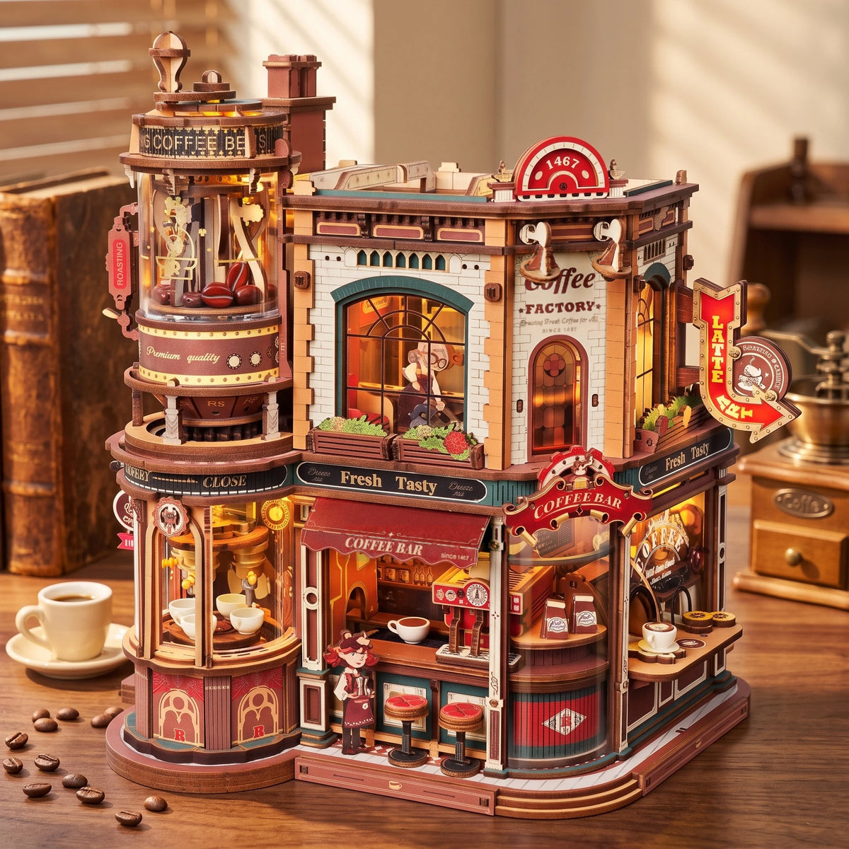 Puzzle 3D Dream Coffee Factory monté sur un bureau en noyer, tasse d'expresso et grains de café