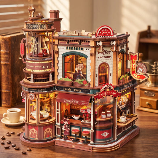 Puzzle 3D Dream Coffee Factory monté sur un bureau en noyer, tasse d'expresso et grains de café