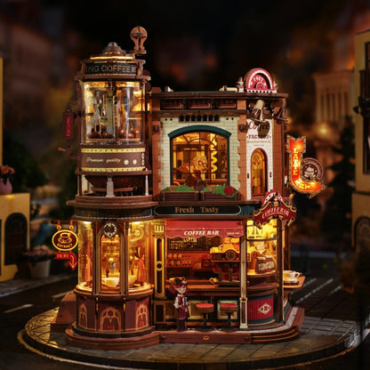 Les six lumières d'ambiance du Dream Coffee Factory allumées le soir