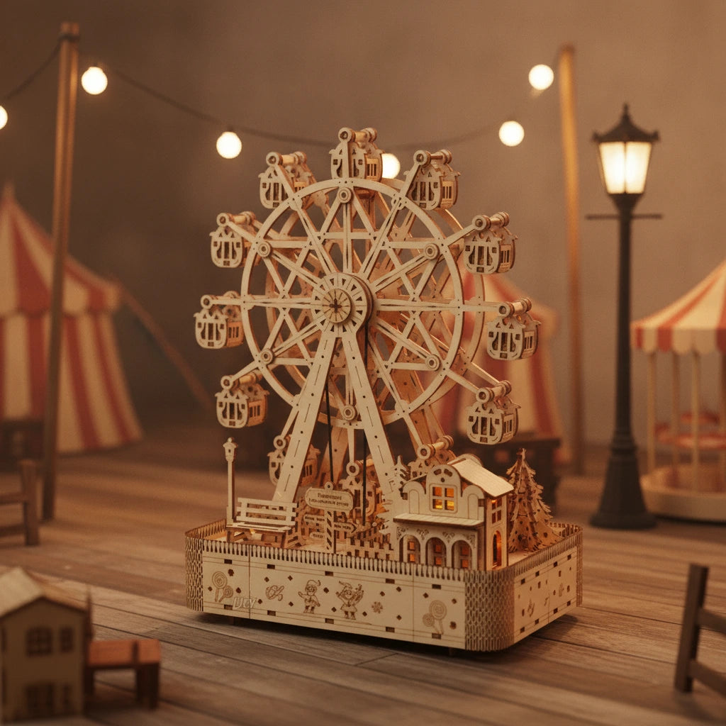 Grande Roue Musicale en bois avec scène de fête foraine miniature et guirlande lumineuse