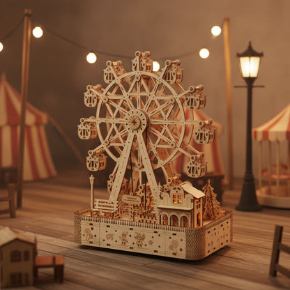Grande Roue Musicale en bois avec scène de fête foraine miniature et guirlande lumineuse