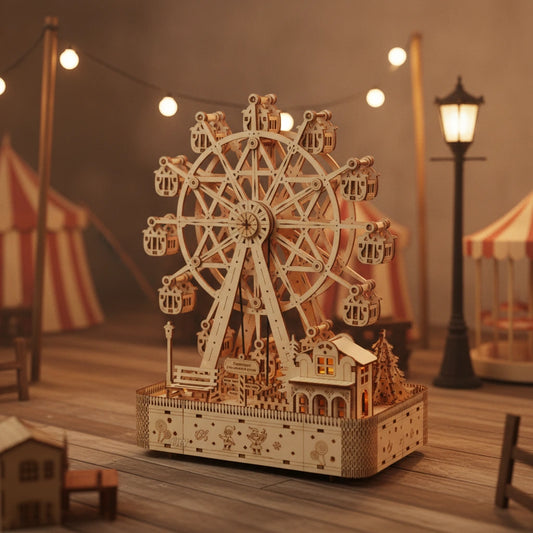 Grande Roue Musicale en bois avec scène de fête foraine miniature et guirlande lumineuse