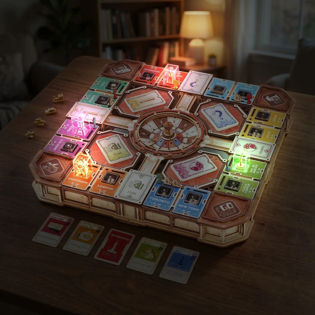 Plateau Fortune Quest le soir, monuments lumineux allumés dans leurs cubes