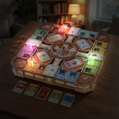 Plateau Fortune Quest le soir, monuments lumineux allumés dans leurs cubes