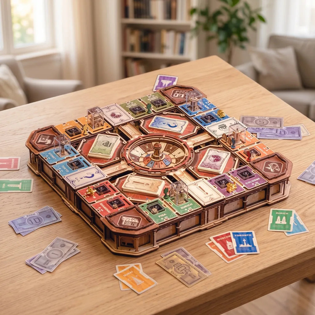 Jeu Fortune Quest vu de trois quarts sur une table, cadre en bois gravé