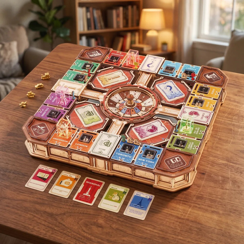 Jeu Fortune Quest ROKR monté sur une table en bois, plateau et roue à bille