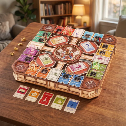Jeu Fortune Quest ROKR monté sur une table en bois, plateau et roue à bille