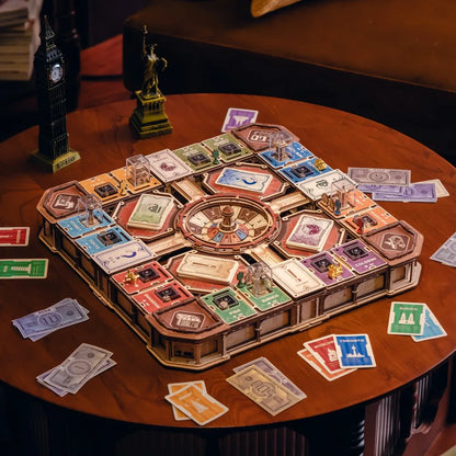 Plateau Fortune Quest sur une table ronde avec billets et titres de villes