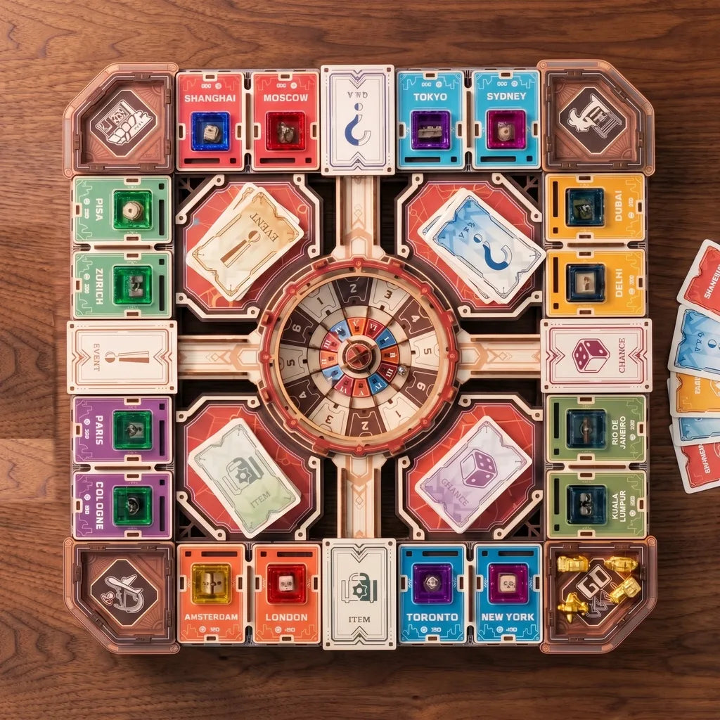 Plateau Fortune Quest vu du dessus, seize villes autour de la roue à bille