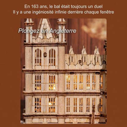 Détail des façades gothiques et fenêtres illuminées du Palais de Westminster en bois