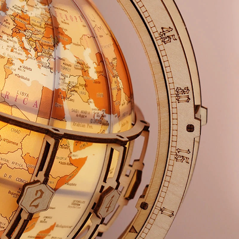 Détail de la carte éclairée du globe, Europe et Afrique, anneau gradué