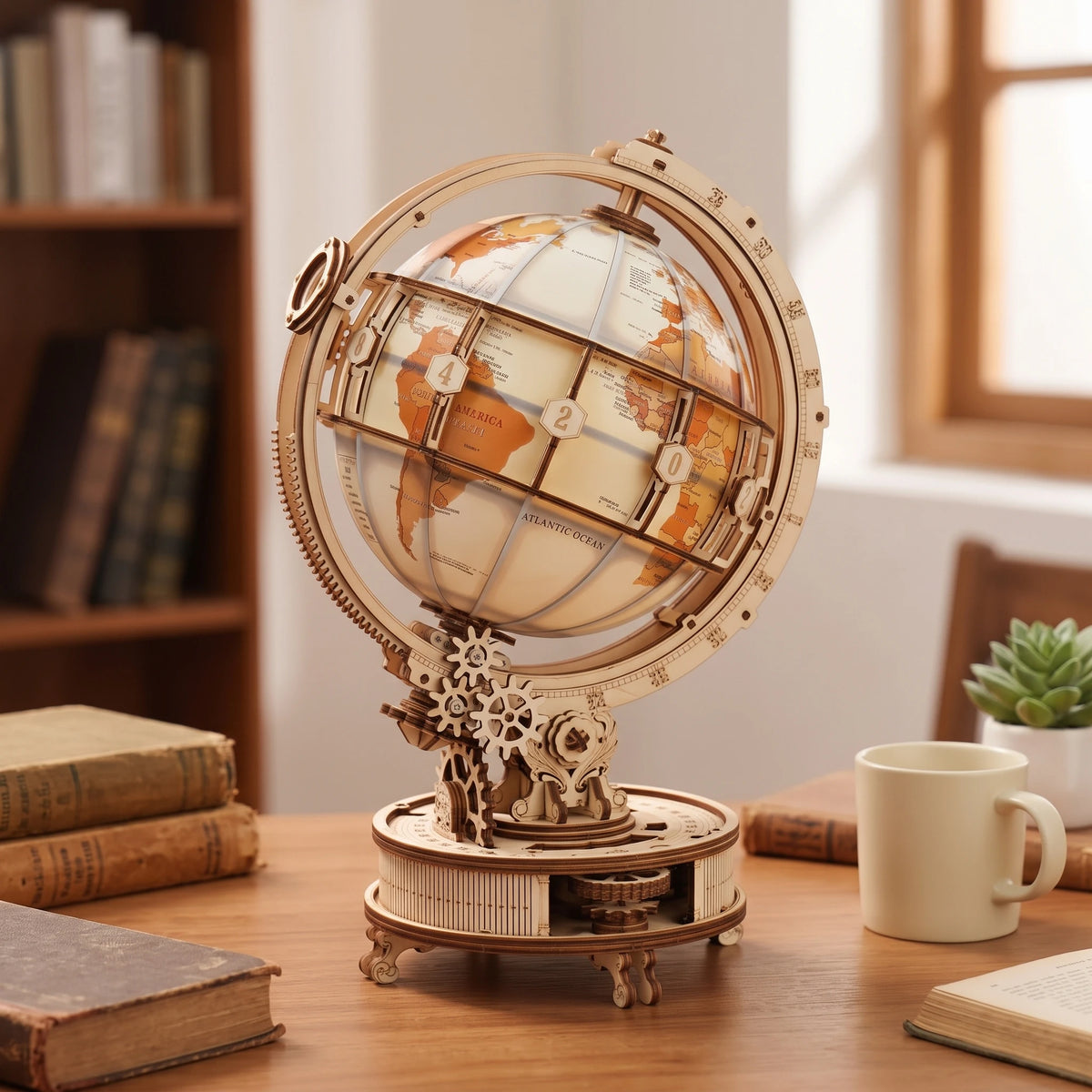 Globe lumineux ROKR en bois vu de face sur un bureau, lumière du jour