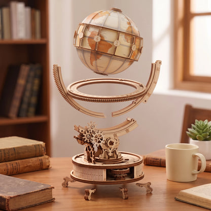 Vue éclatée du globe lumineux en bois : sphère, anneau gradué, pied à engrenages et base
