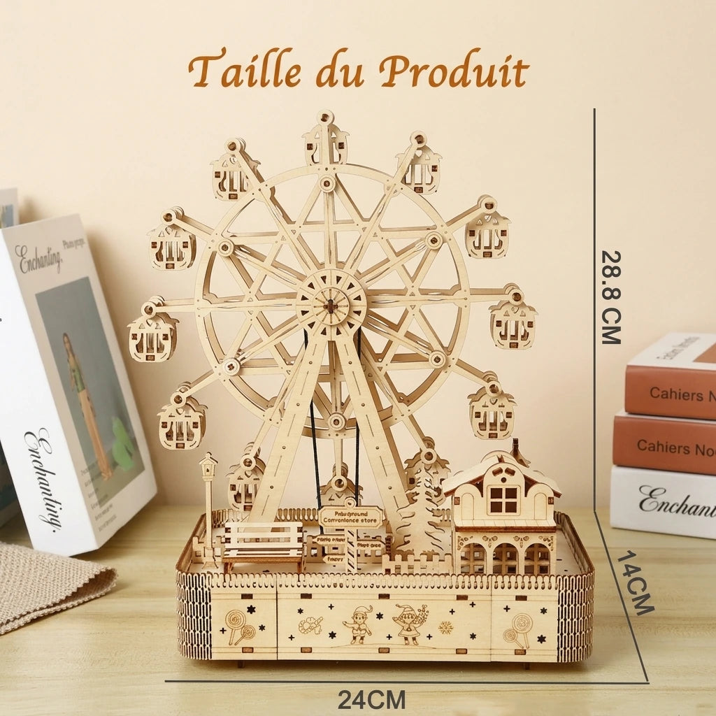 Dimensions du puzzle 3D Grande Roue Musicale en bois : 28,8 x 24 x 14 cm