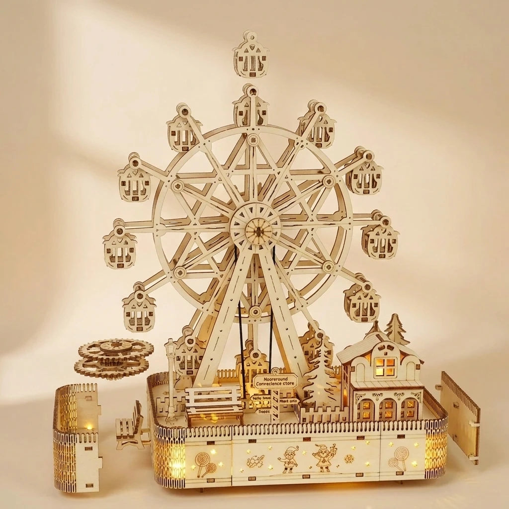 Vue éclatée du puzzle 3D Grande Roue Musicale montrant les engrenages en bois du mécanisme