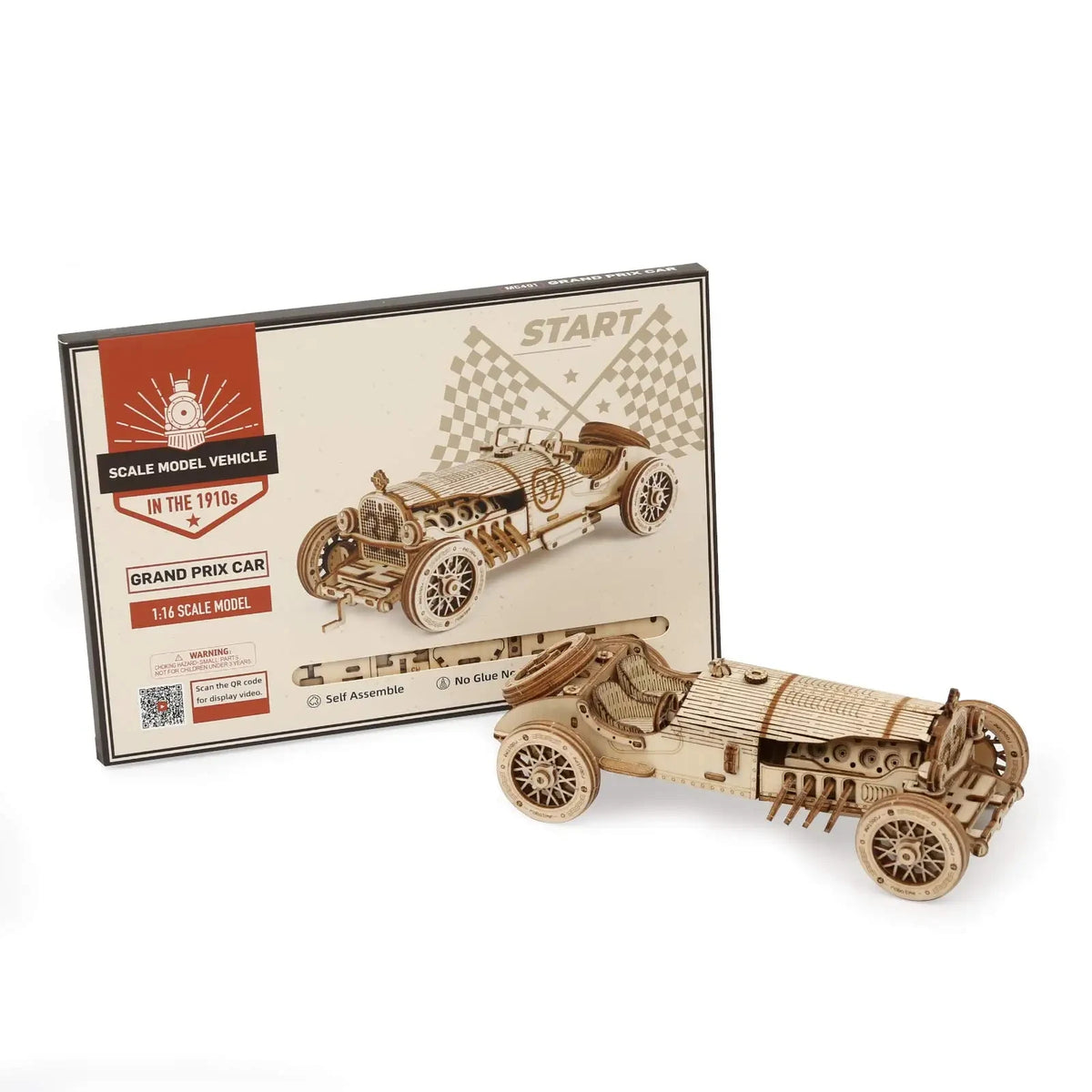 Boîte d'origine et maquette assemblée du puzzle 3D L'Héritage Automobile sur fond blanc