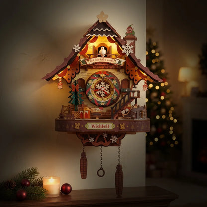 Horloge coucou de Noël en bois illuminée par ses LED le soir au salon