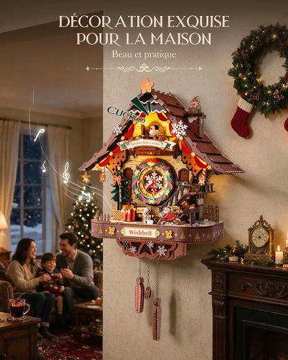 Horloge coucou de Noël en décoration murale dans un salon familial