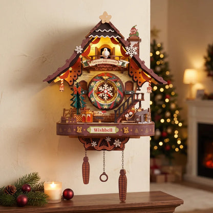 Horloge coucou de Noël ROKR en bois accrochée au mur d'un salon décoré