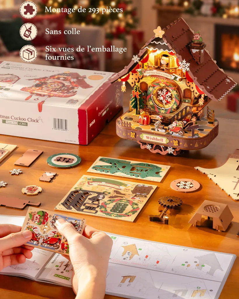 Montage sans colle de l'horloge coucou de Noël, 293 pièces en bois