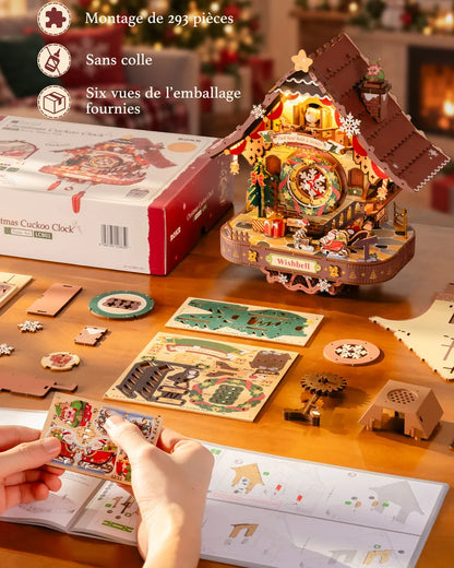 Montage sans colle de l'horloge coucou de Noël, 293 pièces en bois