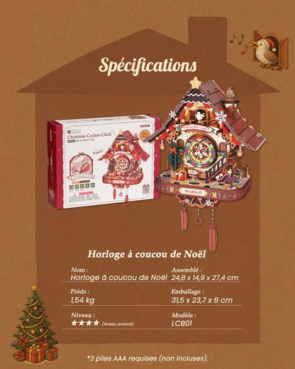 Fiche technique de l'horloge coucou de Noël : dimensions, poids et niveau