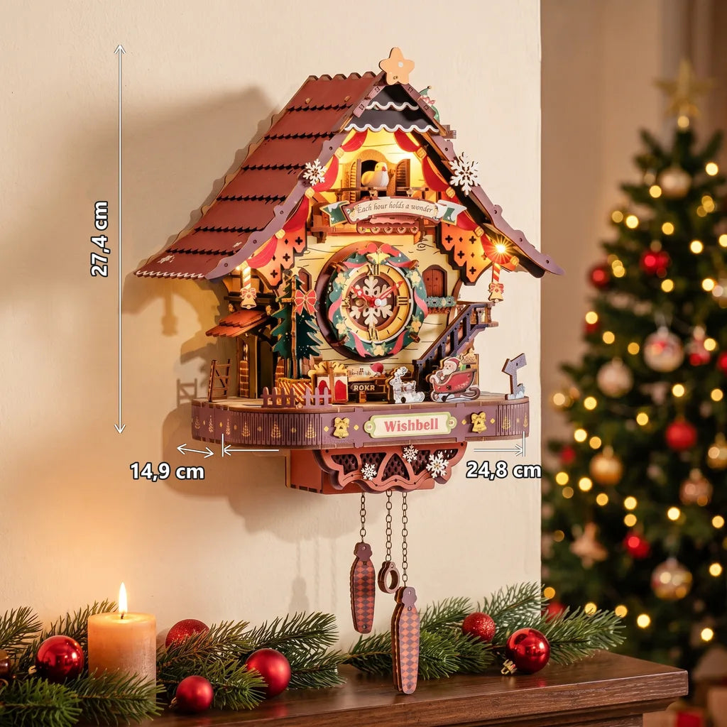 Dimensions de l'horloge coucou de Noël montée : 24,8 x 14,9 x 27,4 cm