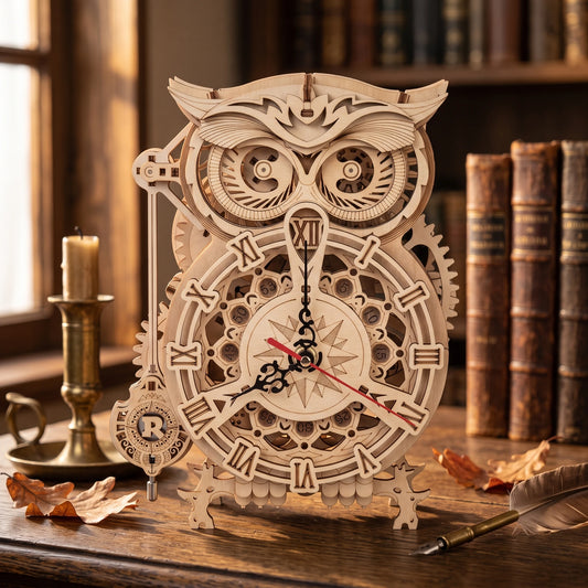 Horloge hibou ROKR en bois vue de face sur un bureau de bibliothèque