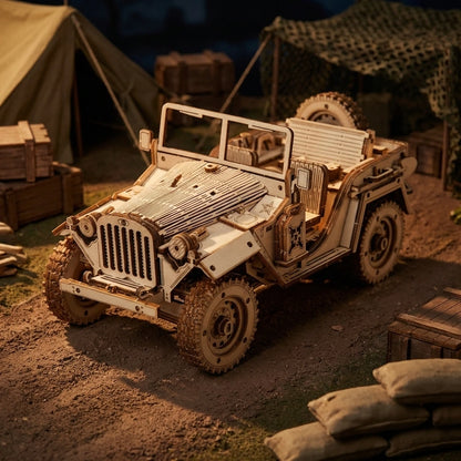 Puzzle 3D en bois thème Jeep Militaire 1944, vue ambiance nuit, éclairage externe mettant en valeur la maquette, décoration Nook-It
