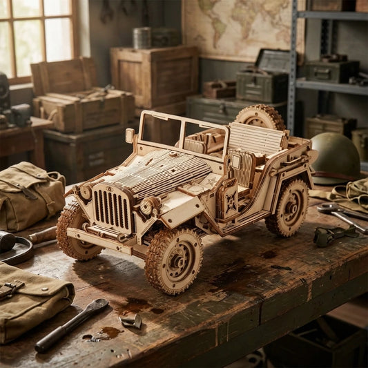 Puzzle 3D en bois thème Jeep Militaire 1944, vue profil, éclairage externe mettant en valeur la maquette, décoration Nook-It