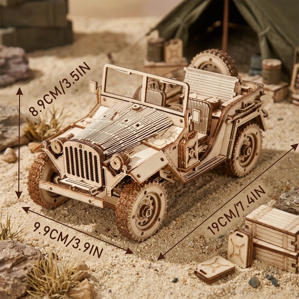 Puzzle 3D en bois thème Jeep Militaire 1944, vue avec dimensions, éclairage externe mettant en valeur la maquette, décoration Nook-It