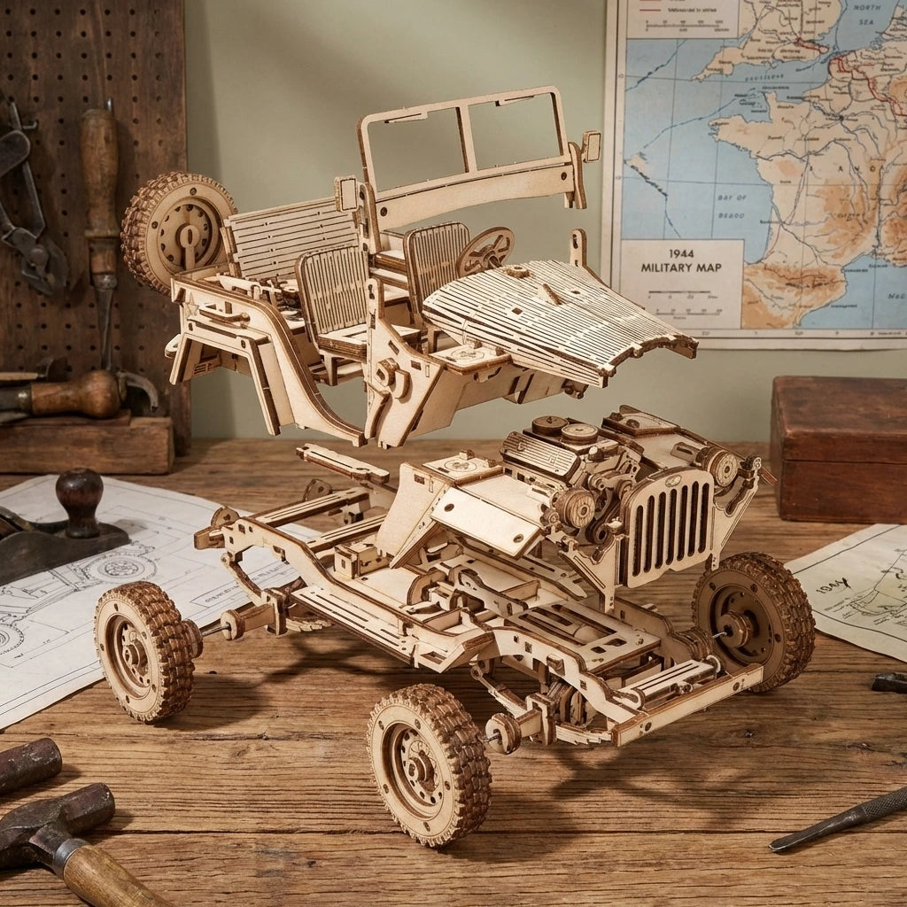 Puzzle 3D en bois thème Jeep Militaire 1944, vue Éclatée, éclairage externe mettant en valeur la maquette, décoration Nook-It
