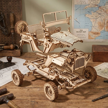 Puzzle 3D en bois thème Jeep Militaire 1944, vue Éclatée, éclairage externe mettant en valeur la maquette, décoration Nook-It