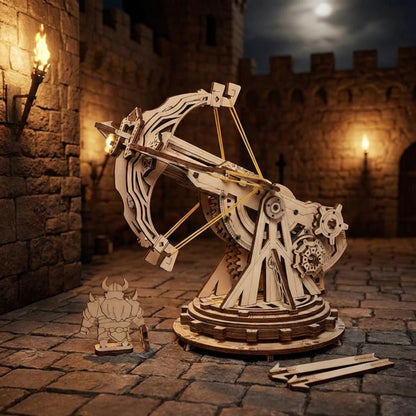 Puzzle 3D en bois thème La Baliste Médiévale, vue Ambiance Nuit, éclairage externe mettant en valeur la maquette, décoration