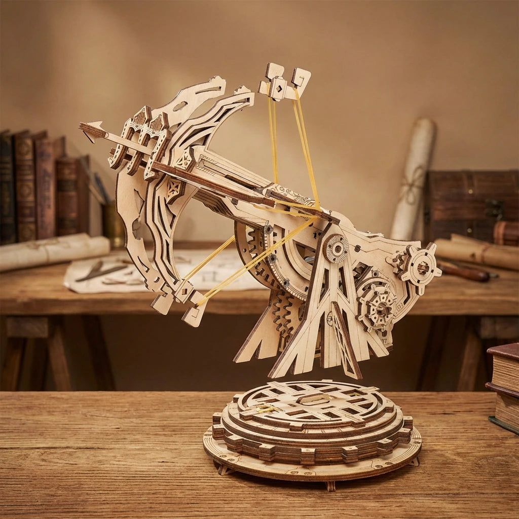Puzzle 3D en bois thème La Baliste Médiévale, vue Éclatée, éclairage externe mettant en valeur la maquette, décoration Nook-It