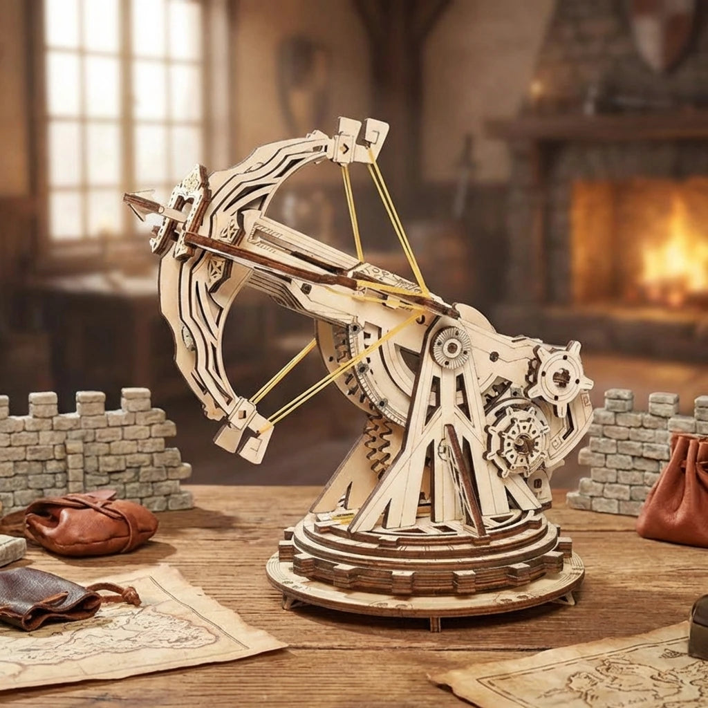 Puzzle 3D en bois thème La Baliste Médiévale, vue Plongeante, éclairage externe mettant en valeur la maquette, décoration