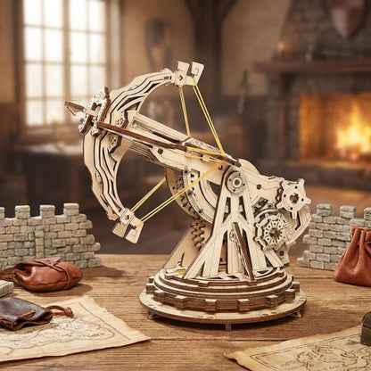 Puzzle 3D en bois thème La Baliste Médiévale, vue Plongeante, éclairage externe mettant en valeur la maquette, décoration