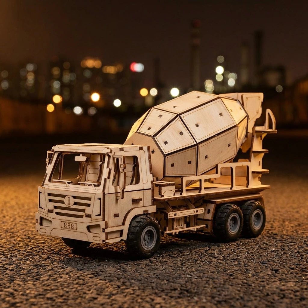 Puzzle 3D en bois thème Le Camion Bétonnière, vue Ambiance Nuit, éclairage externe mettant en valeur la maquette, décoration