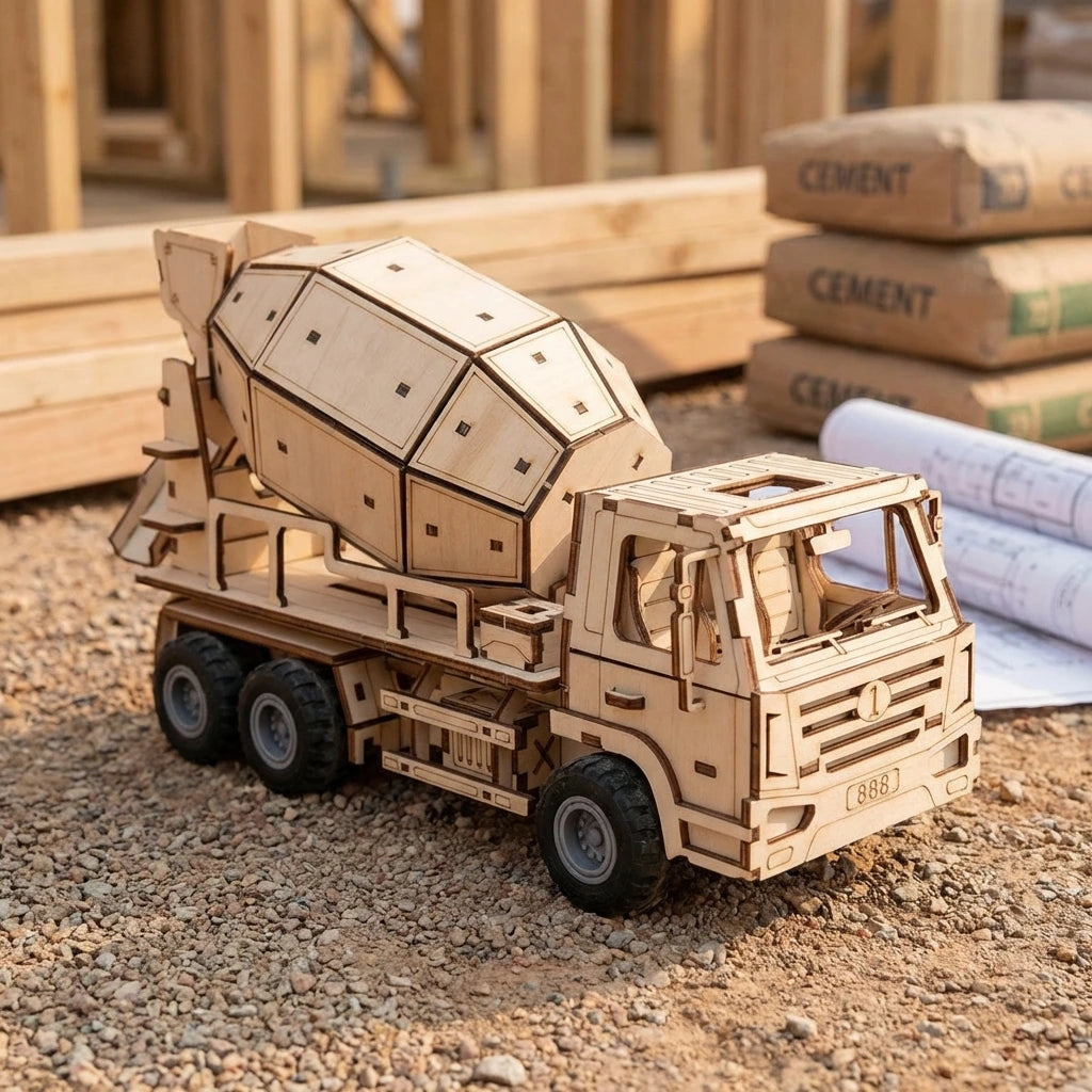 Puzzle 3D en bois thème Le Camion Bétonnière, vue Angle 45°, éclairage externe mettant en valeur la maquette, décoration Nook-It