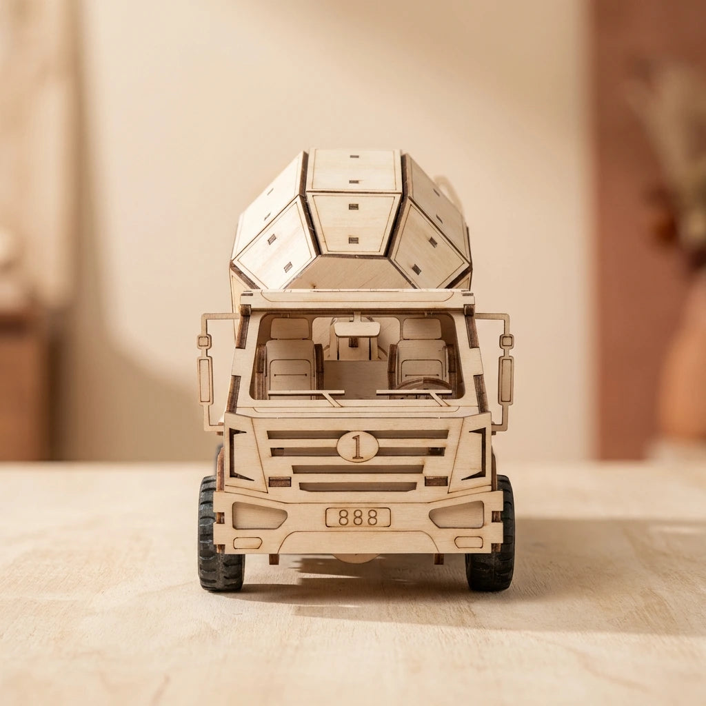 Puzzle 3D en bois thème Le Camion Bétonnière, vue Face, éclairage externe mettant en valeur la maquette, décoration Nook-It.