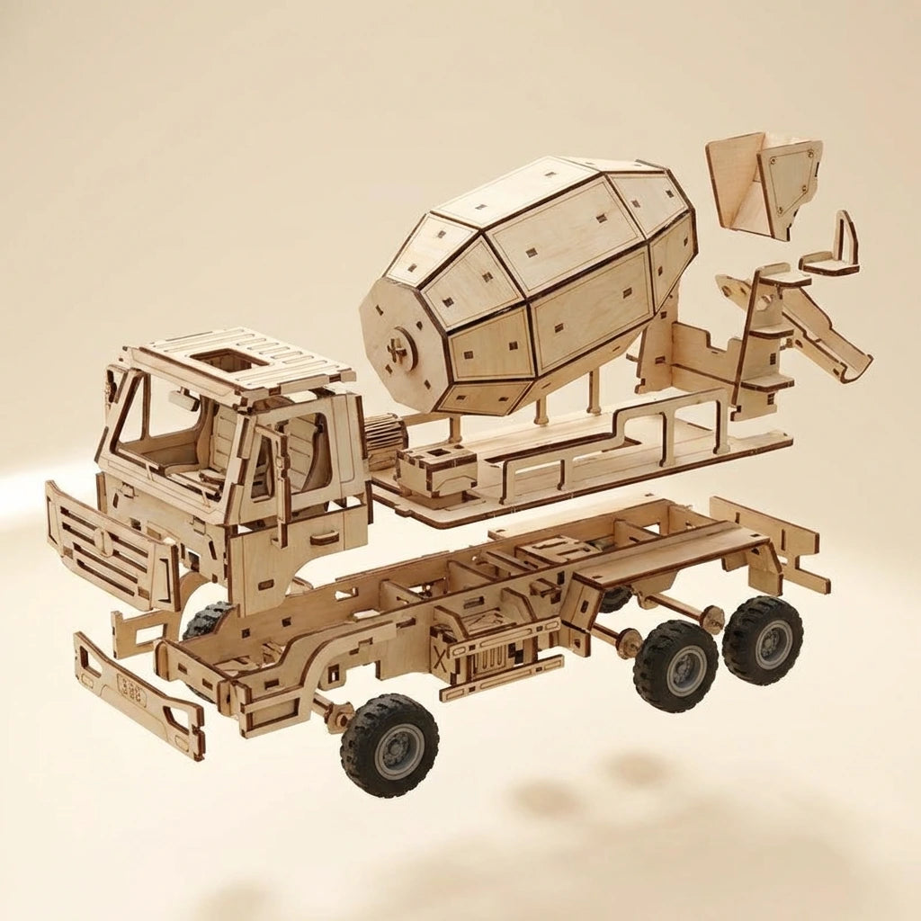 Puzzle 3D en bois thème Le Camion Bétonnière, vue Éclatée, éclairage externe mettant en valeur la maquette, décoration Nook-It