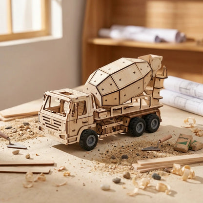Puzzle 3D en bois thème Le Camion Bétonnière, vue Vue Plongeante, éclairage externe mettant en valeur la maquette, décoration