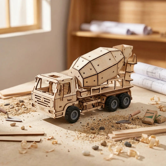 Puzzle 3D en bois thème Le Camion Bétonnière, vue Vue Plongeante, éclairage externe mettant en valeur la maquette, décoration