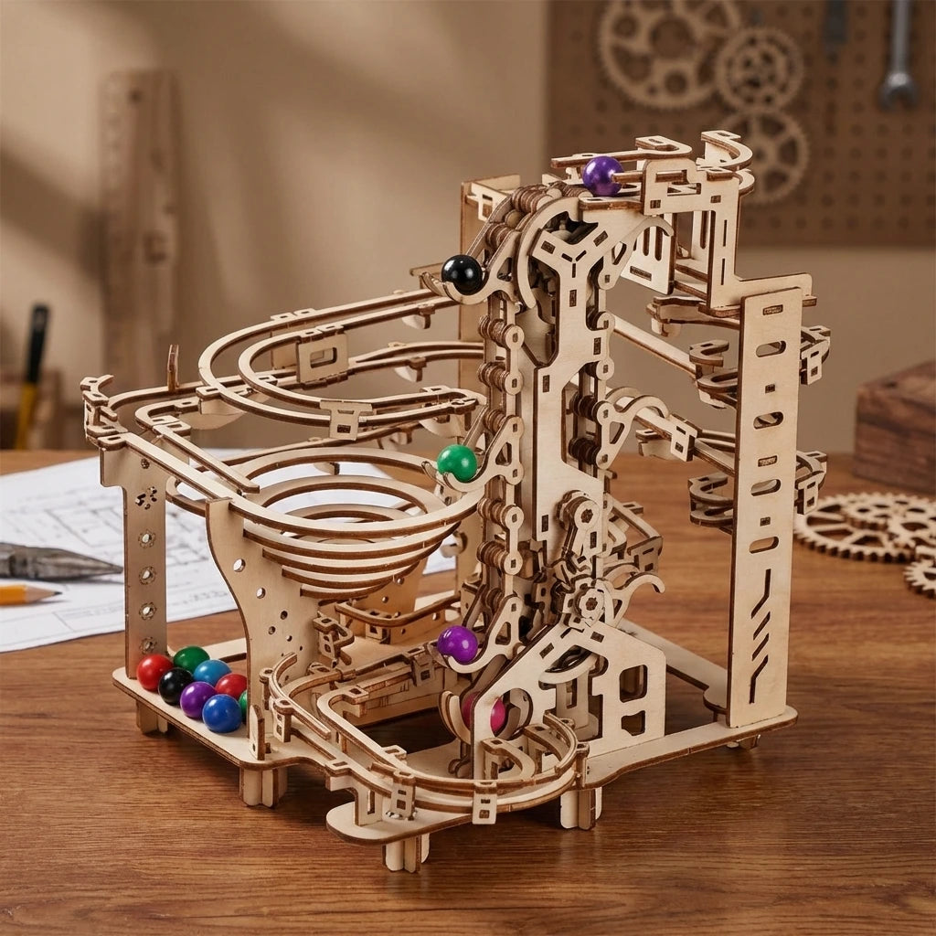 Puzzle 3D en bois thème Le Circuit à billes master, vue Angle 45°, éclairage externe mettant en valeur la maquette, décoration