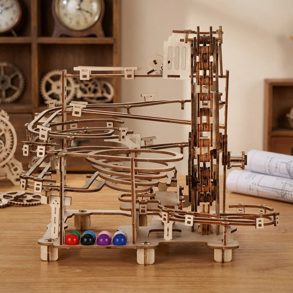 Puzzle 3D en bois thème Le Circuit à billes master, vue Face, éclairage externe mettant en valeur la maquette, décoration Nook-It