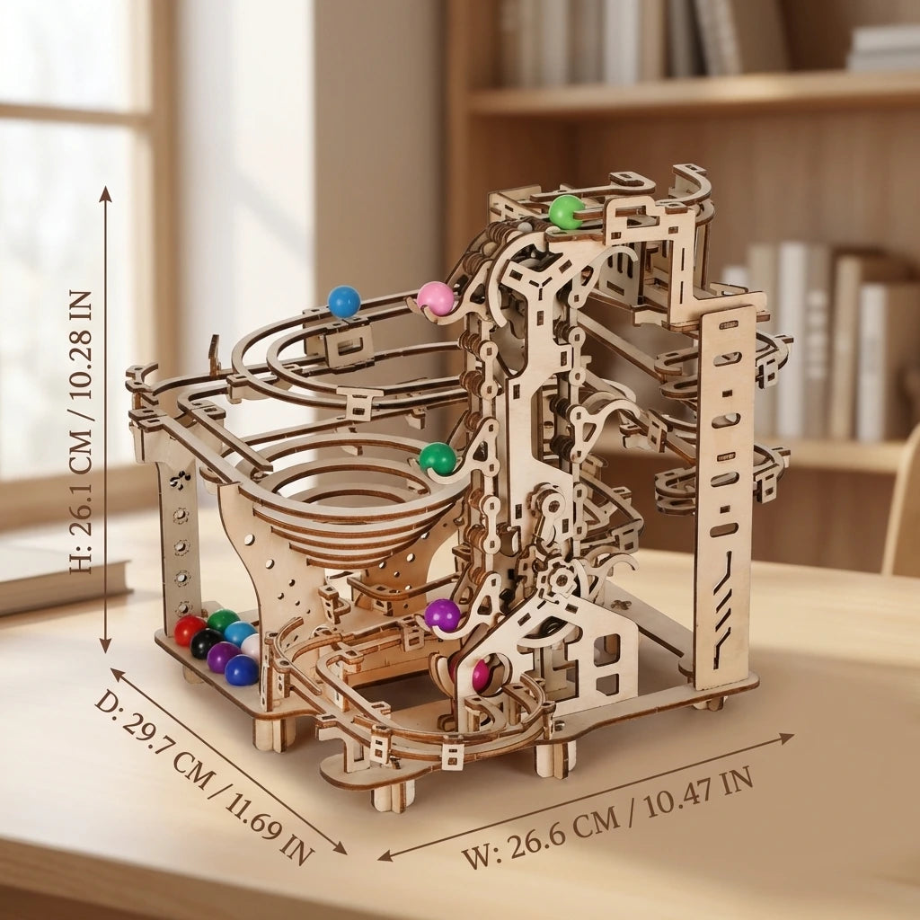 Puzzle 3D en bois thème Le Circuit à billes master, vue avec Dimensions, éclairage externe mettant en valeur la maquette