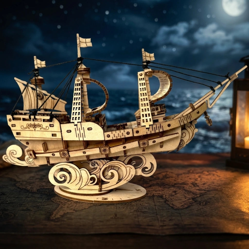 Puzzle 3D en bois thème Le Galion des Mers, vue Ambiance Nuit, éclairage externe mettant en valeur la maquette, décoration Nook-It
