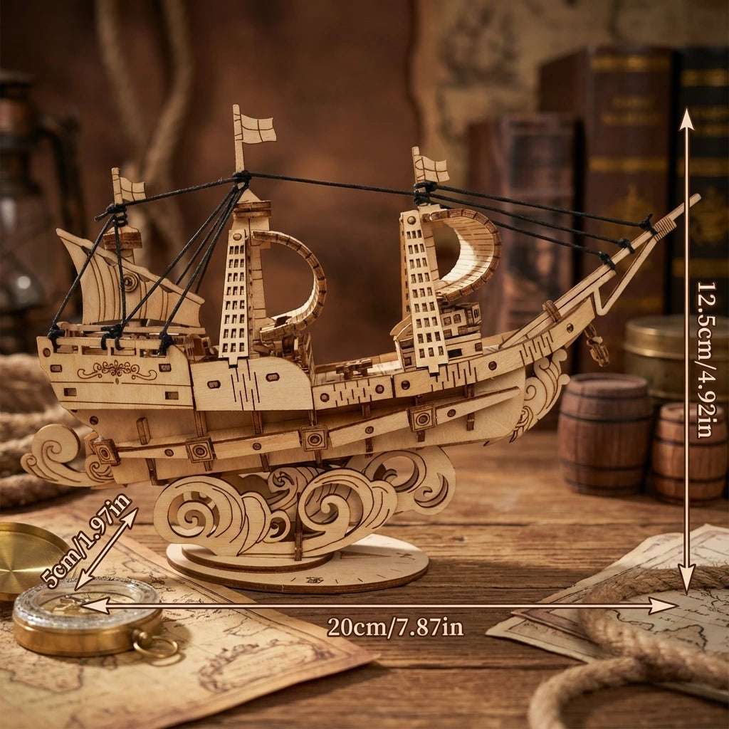 Puzzle 3D en bois thème Le Galion des Mers, vue avec Dimensions, éclairage externe mettant en valeur la maquette, décoration Nook-It